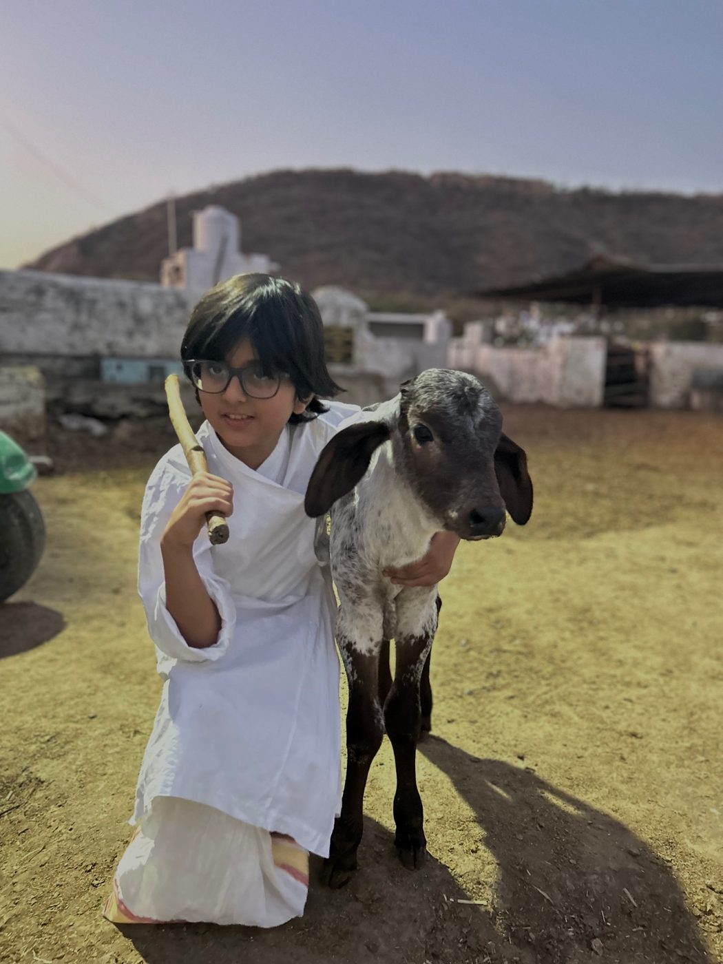 Ridhaan kneeling with his arm around a young calf