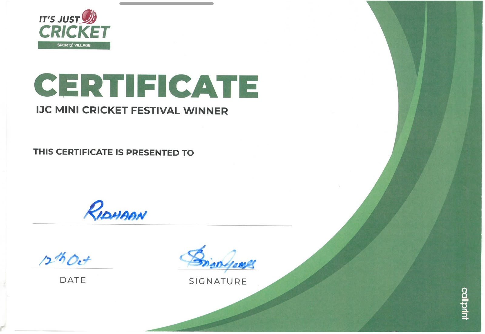 IJC Mini Cricket Festival Winner certificate