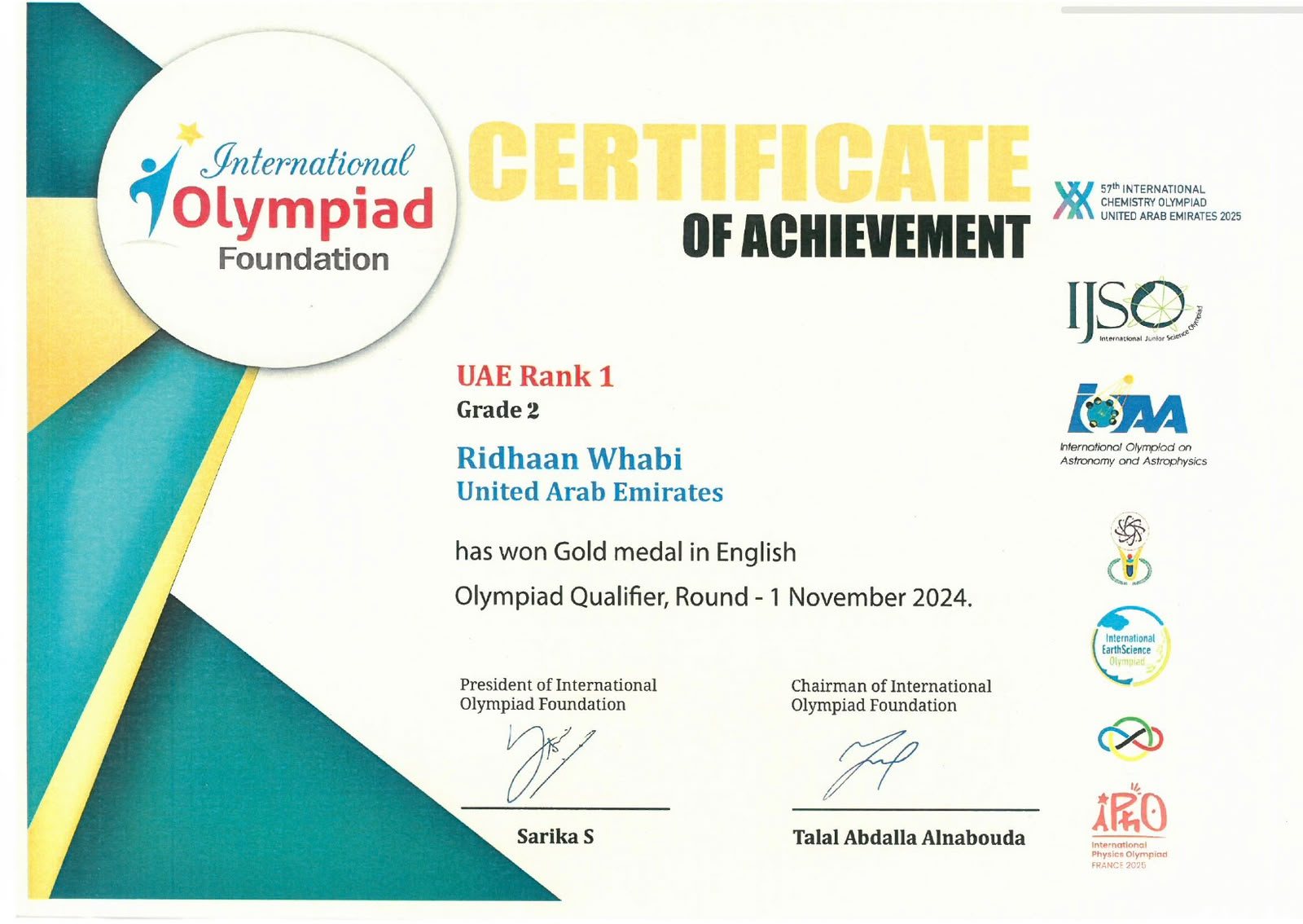 Certificate: English Olympiad Qualifier · Gold