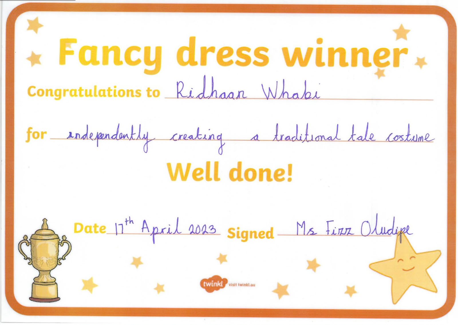 Fancy Dress Winner certificate, 17 April 2023