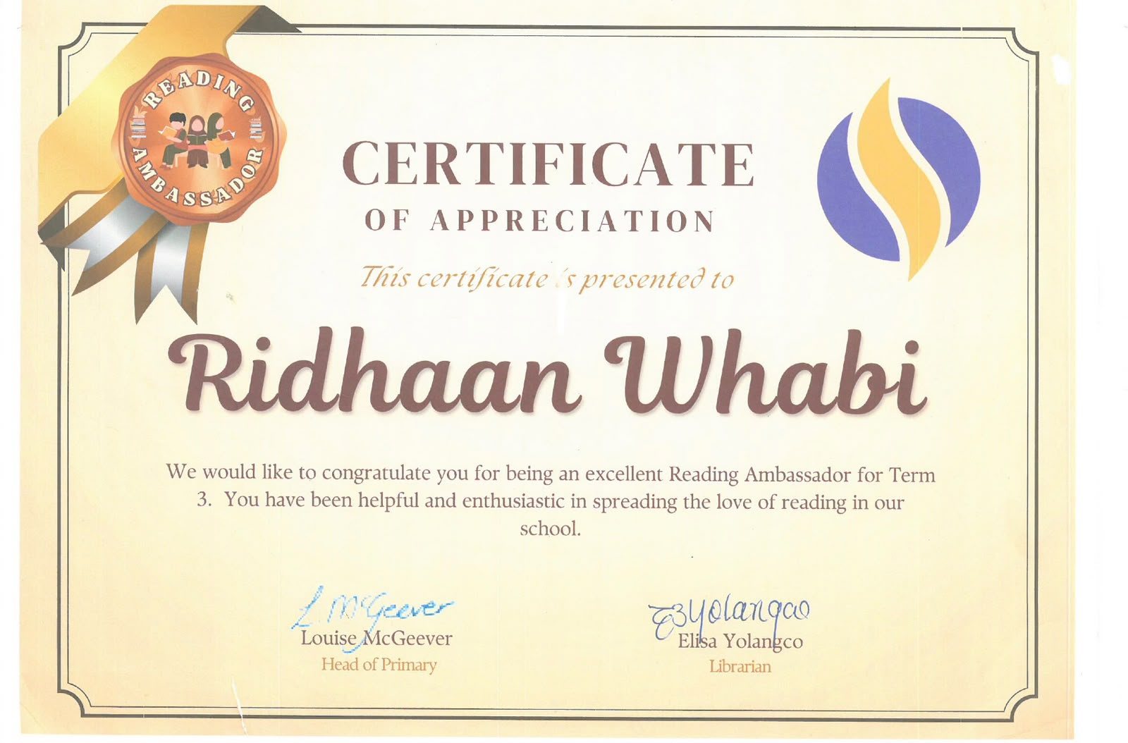Certificate: Reading Ambassador