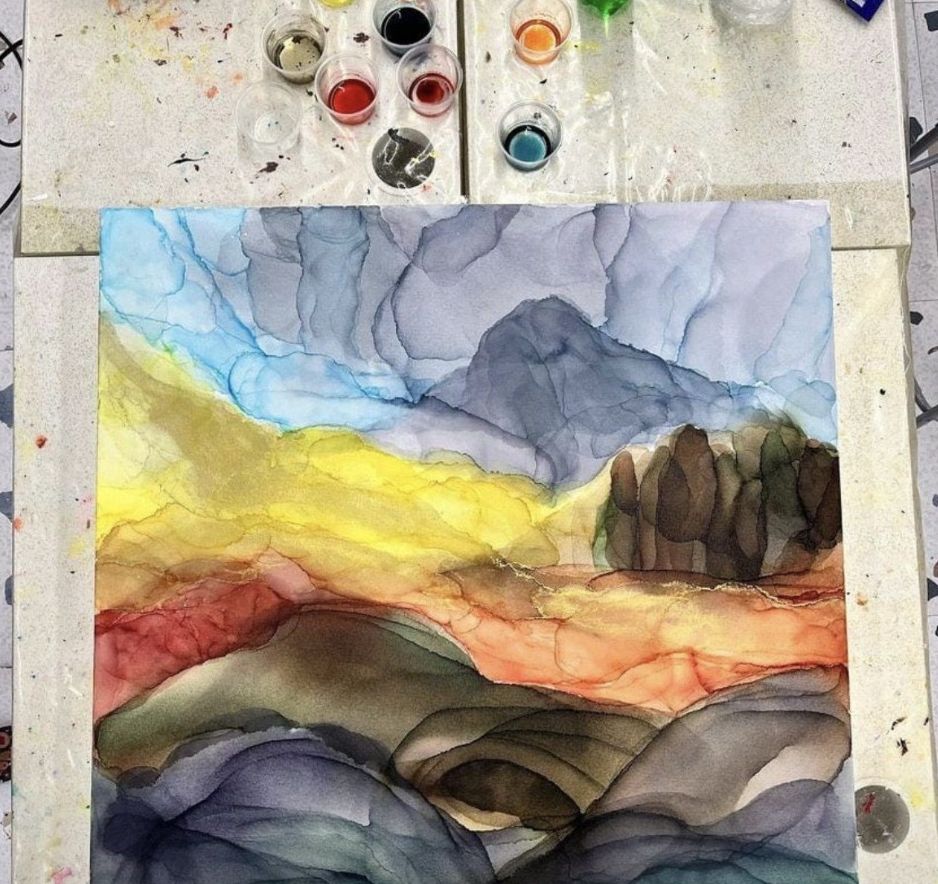 Colourful ink landscape painting with mountains