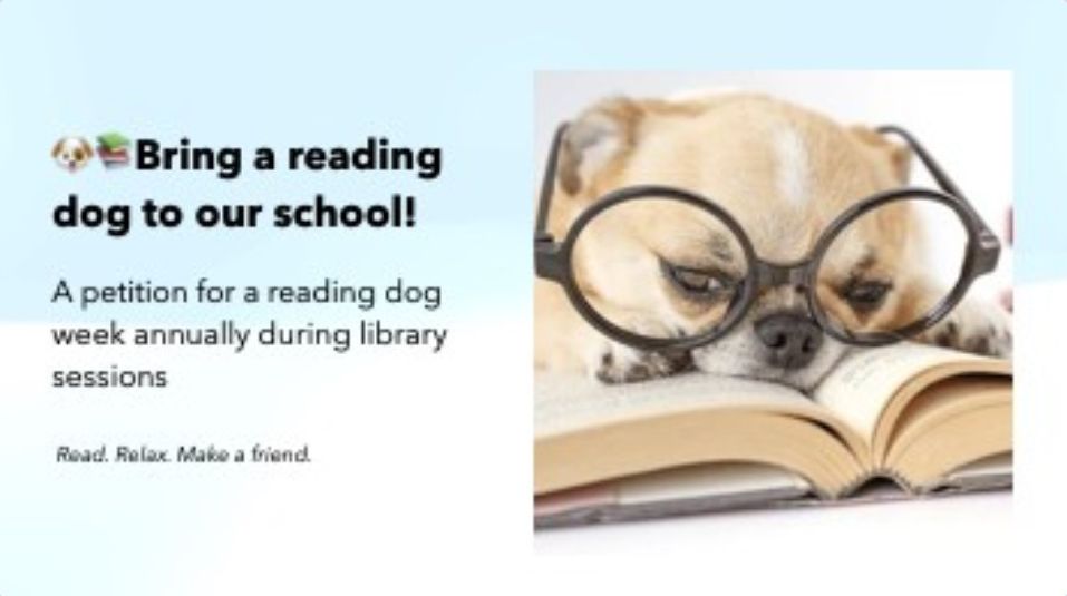 Title slide of Ridhaan's presentation: Bring a reading dog to our school