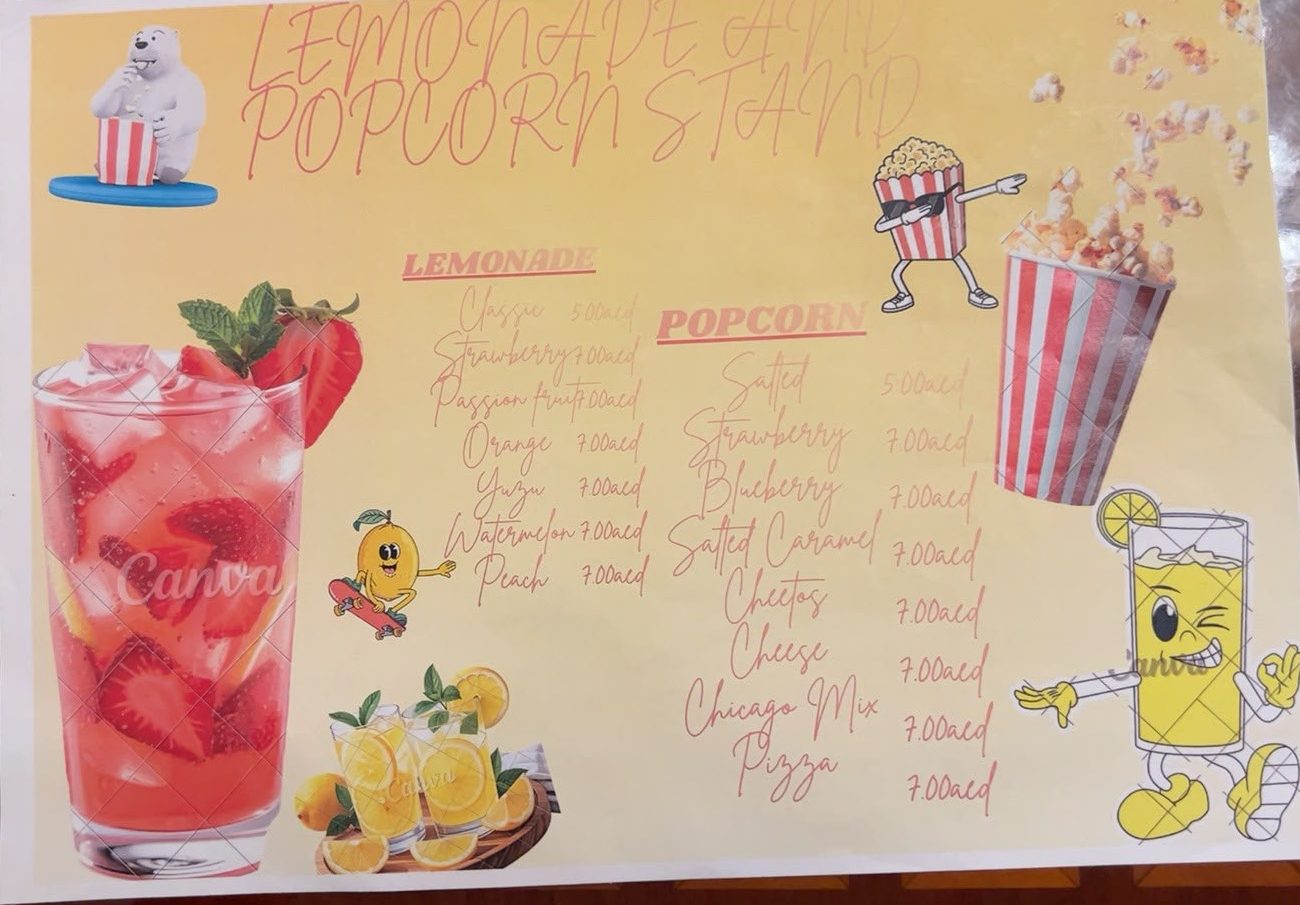 Hand-made menu for a lemonade and popcorn stall